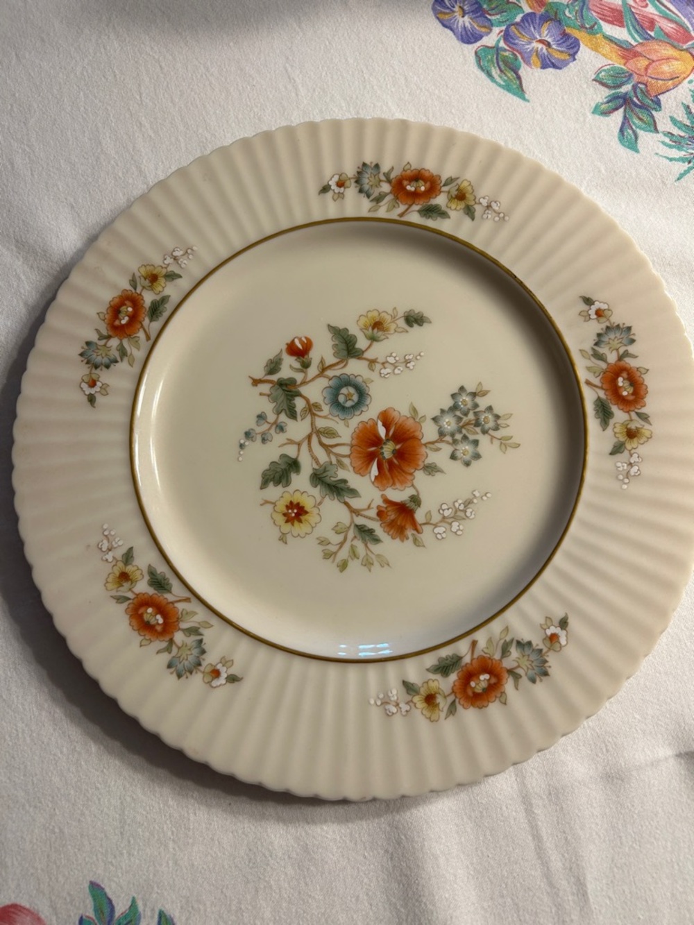 Lenox Temple Blossom Dinner Plate with Orange, Blue and Green Floral Motif